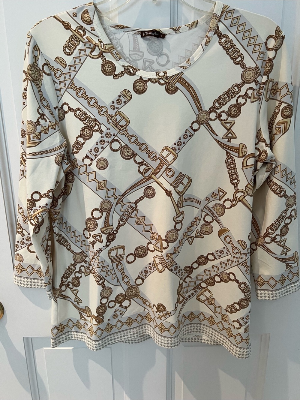 J. McLaughlin Cream Topwith Brown Equestrian Chain Print.